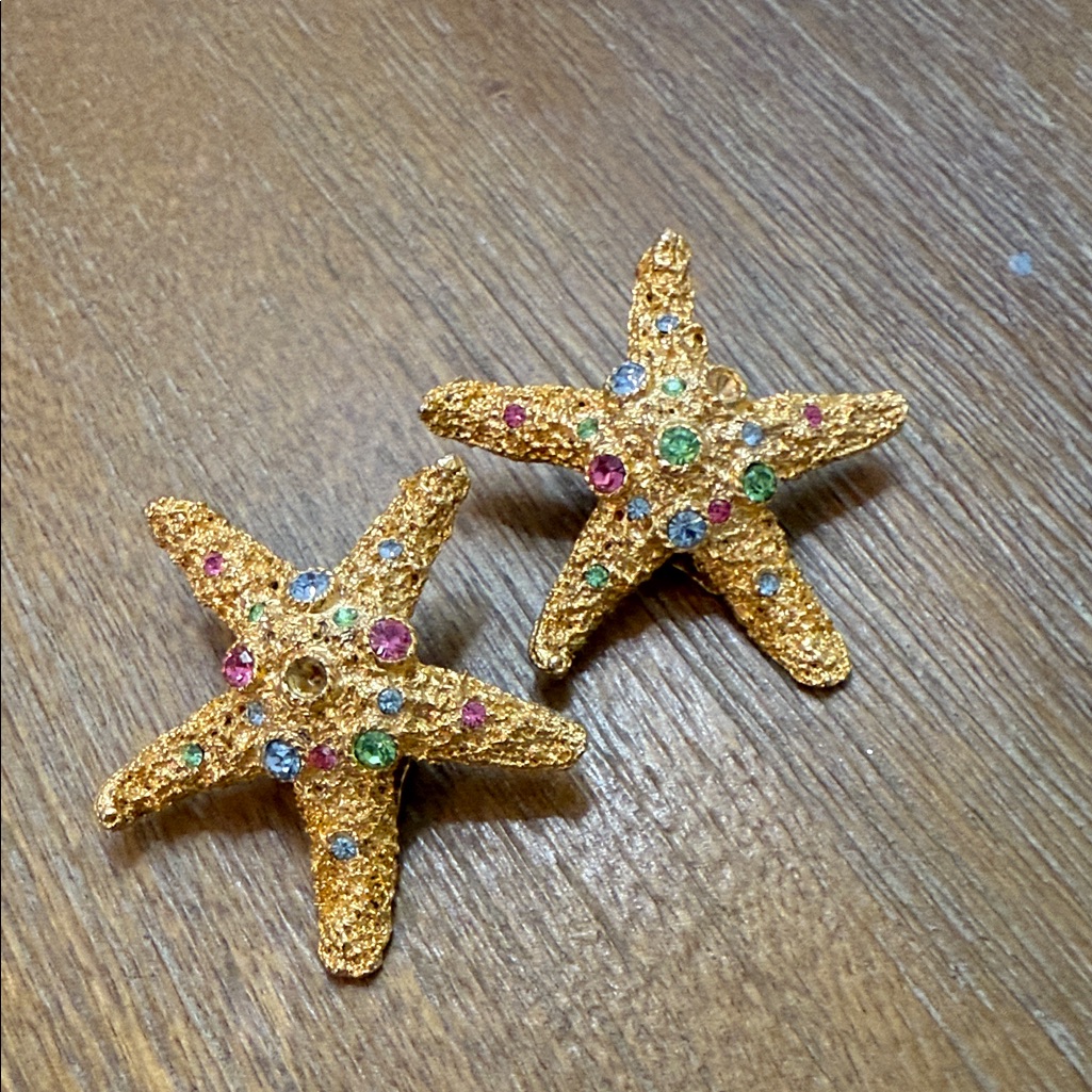 Gold Starfish Earrings With Colorful Gems
